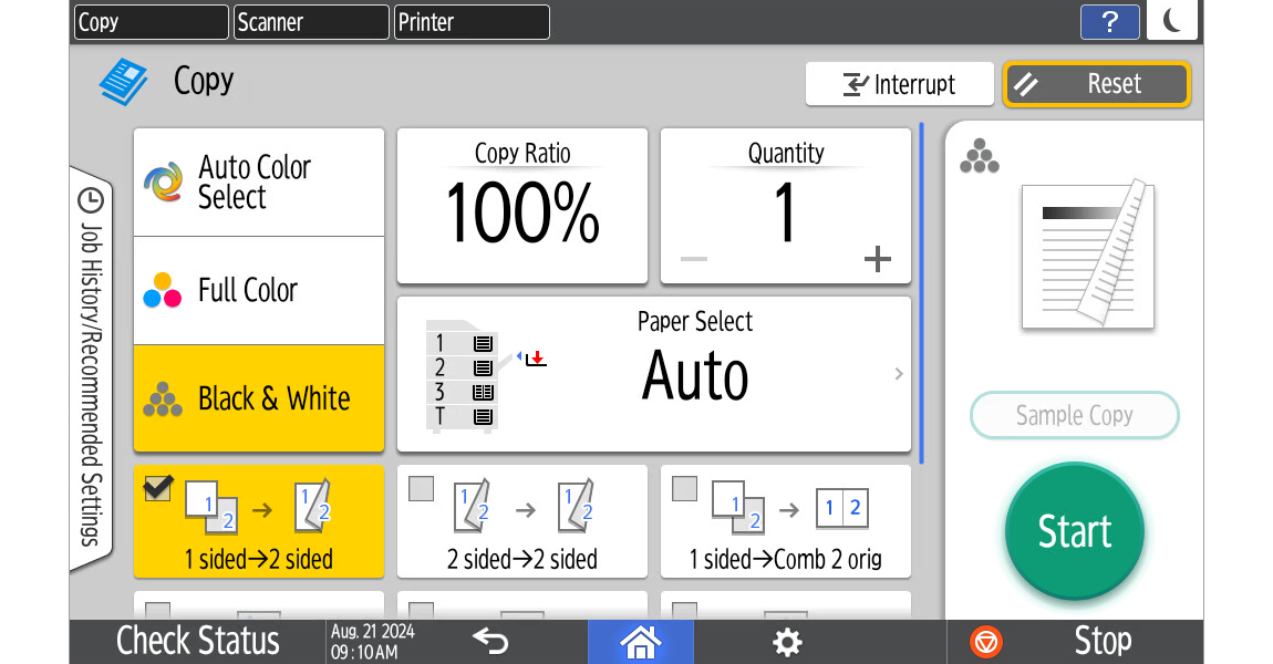 Picture of the operation screen of the Copy function of the MFP