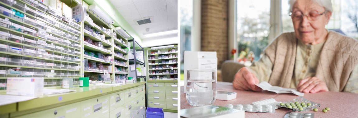 Image of pharmacy and older person taking medicine